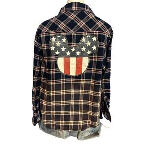 Mickey Mouse Flannel Plaid Shirt Shacket MEDIUM Oversize Unique Upcycled Disney